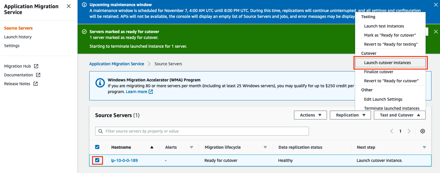 Launch cutover instance