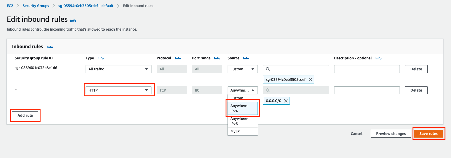 Inbound rules modification