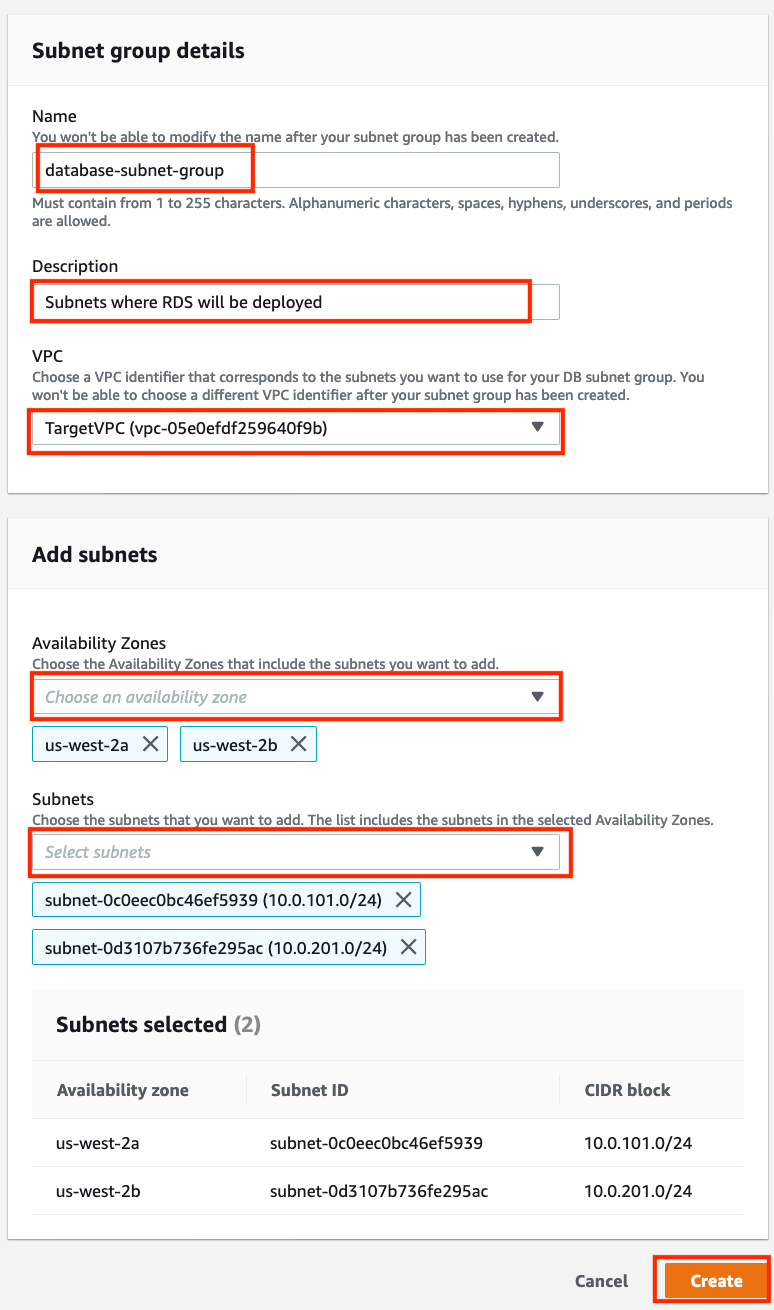 RDS Subnet group creation
